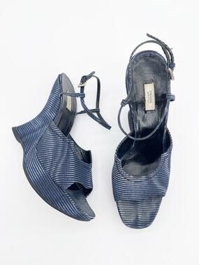 Prada Vintage Fall 2004 Runway Blue Wavy Striped Platform Wedge Sandals IT 40